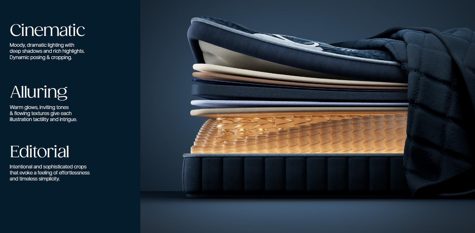 CGI mattress visual reference with layered reveal